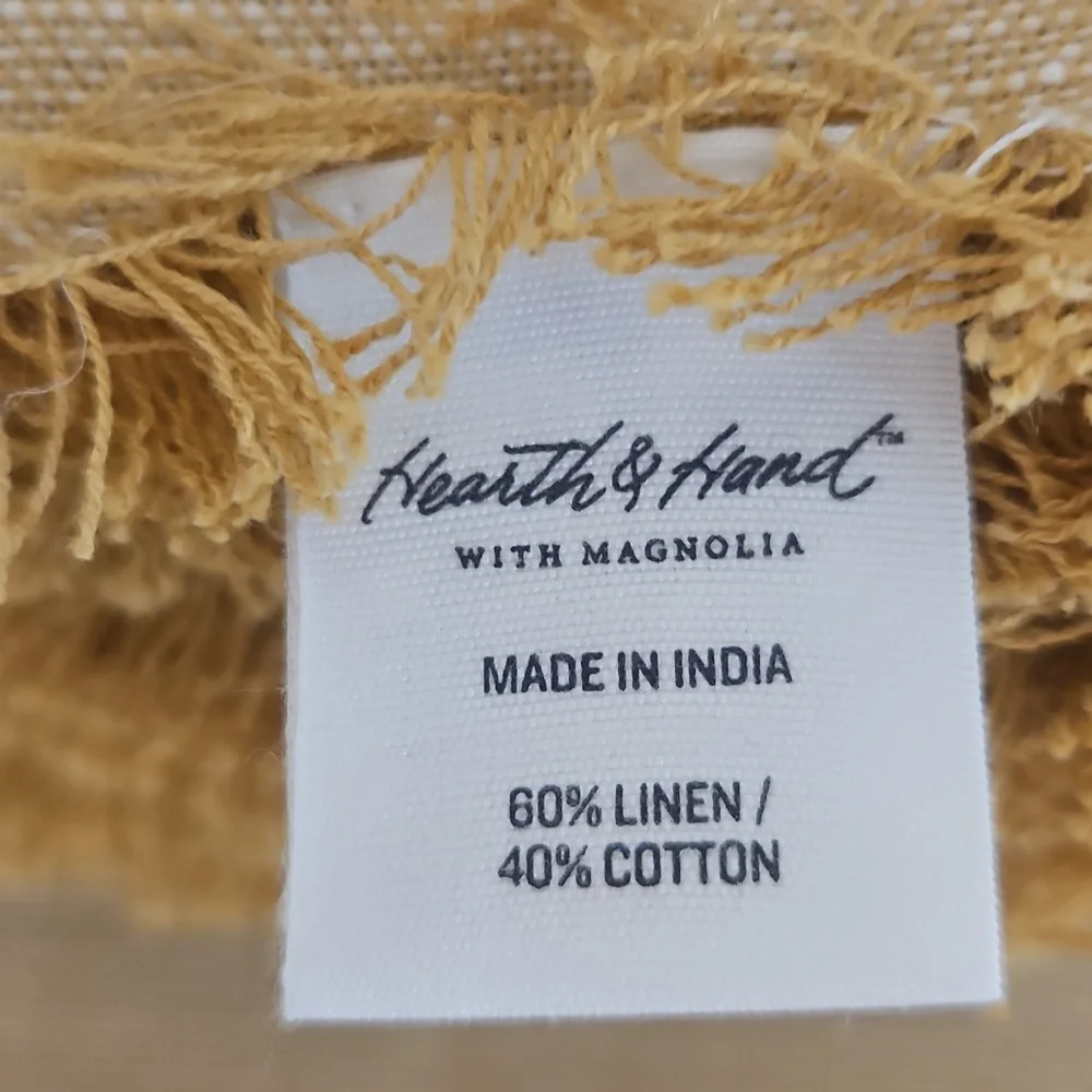 Hearth & Hand NWT Linen Cotton Harvest Gold & White Fringe Hem Set of 4 Napkins